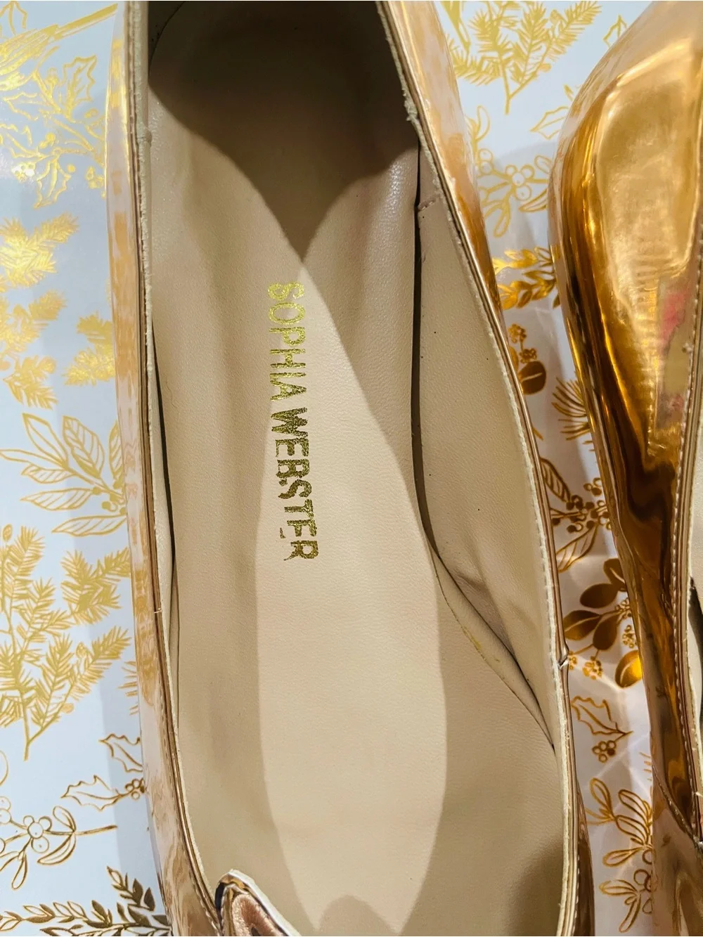 Sophia Webster Gold Metallic Pointed Toe Flats with Embroidered Wing Detail